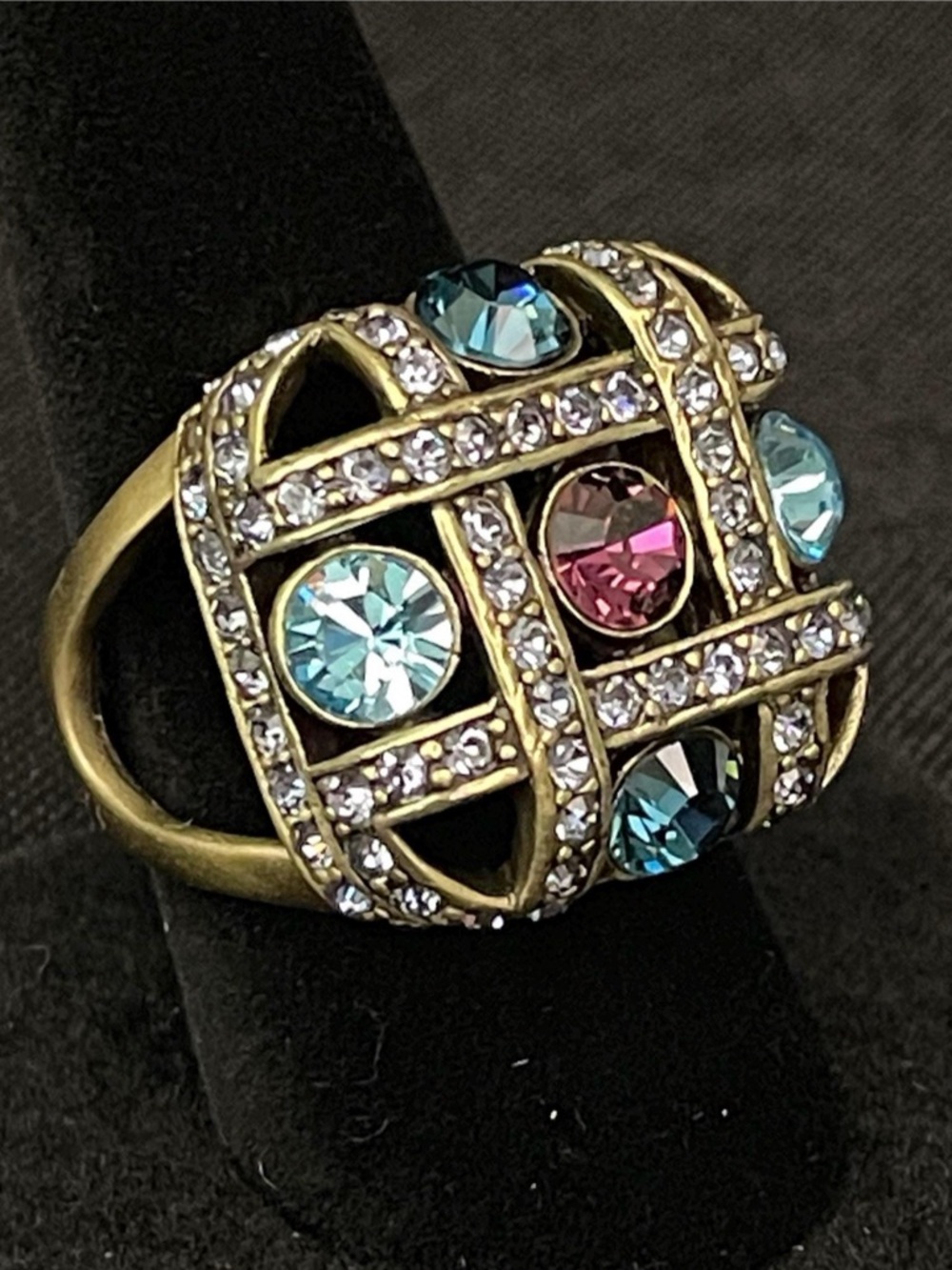 Heidi Daus Ring: Openwork Dome Ring Purple, Blue & Clear Rhinestones - Size 9.7